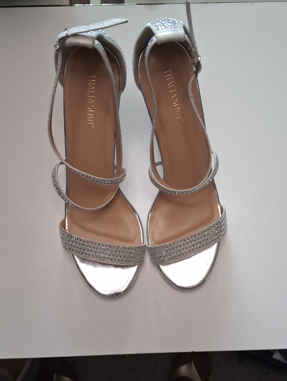Thalia Sodi Silver Rhinestone Strappy Heels